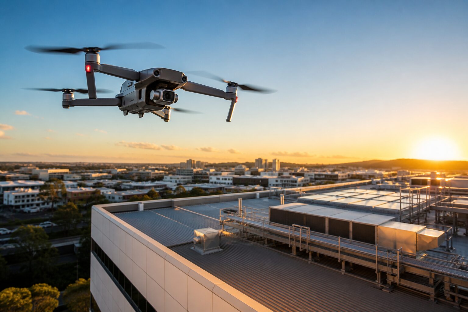 Commercial drone inspecting Australian building rooftop at golden hour